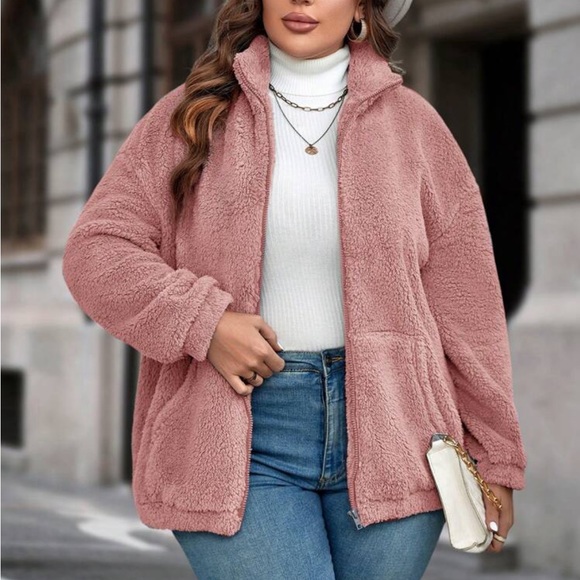 Plus size cost zip up teddy jacket - Picture 6 of 16